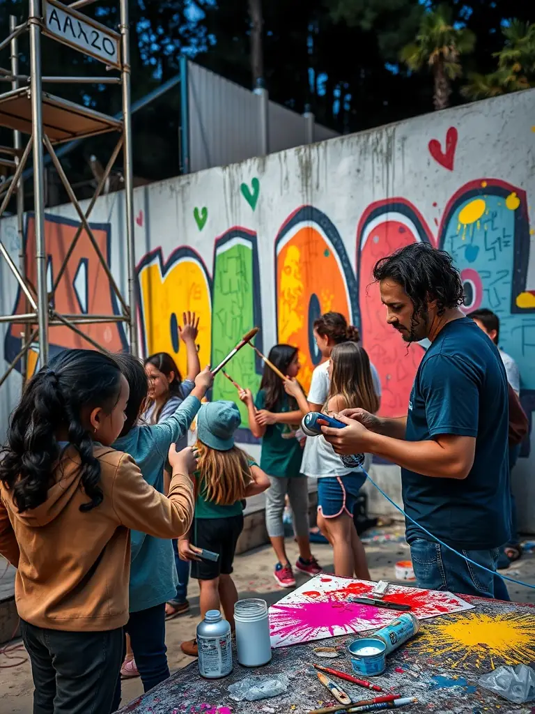 A vibrant photograph capturing children and adults participating in a collaborative mural painting workshop, showcasing the community engagement aspect of MATOUTOU's educational programs.