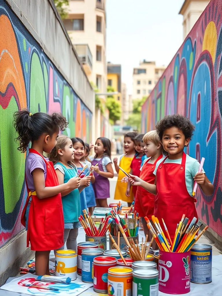 A group of children participating in a visual arts workshop, painting vibrant murals on a community wall, showcasing MATOUTOU's commitment to arts education.
