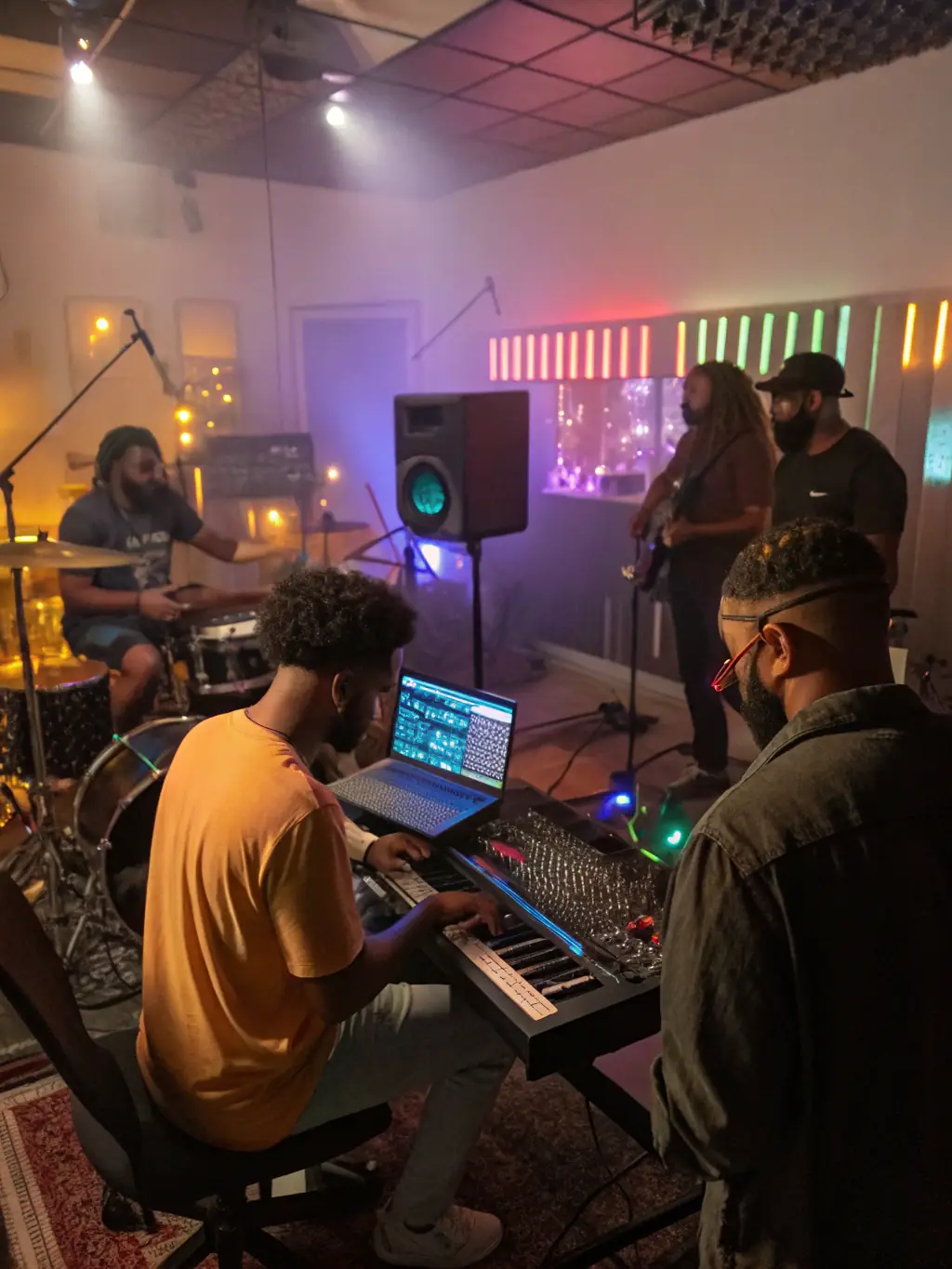 A dynamic image of a music production workshop, featuring young adults learning to use audio equipment and create their own music tracks under the guidance of a professional musician.