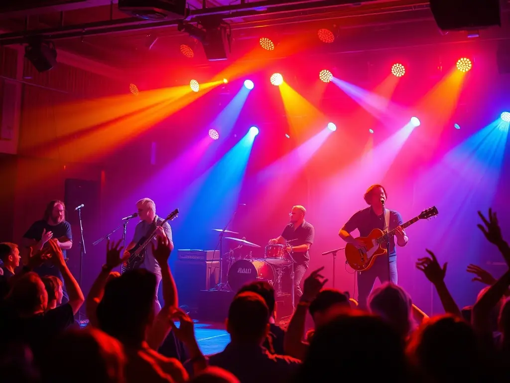 A photograph capturing a live music performance at a MATOUTOU event, showcasing a diverse audience enjoying the show in an intimate setting. The lighting is warm and inviting, highlighting the energy of the performance.