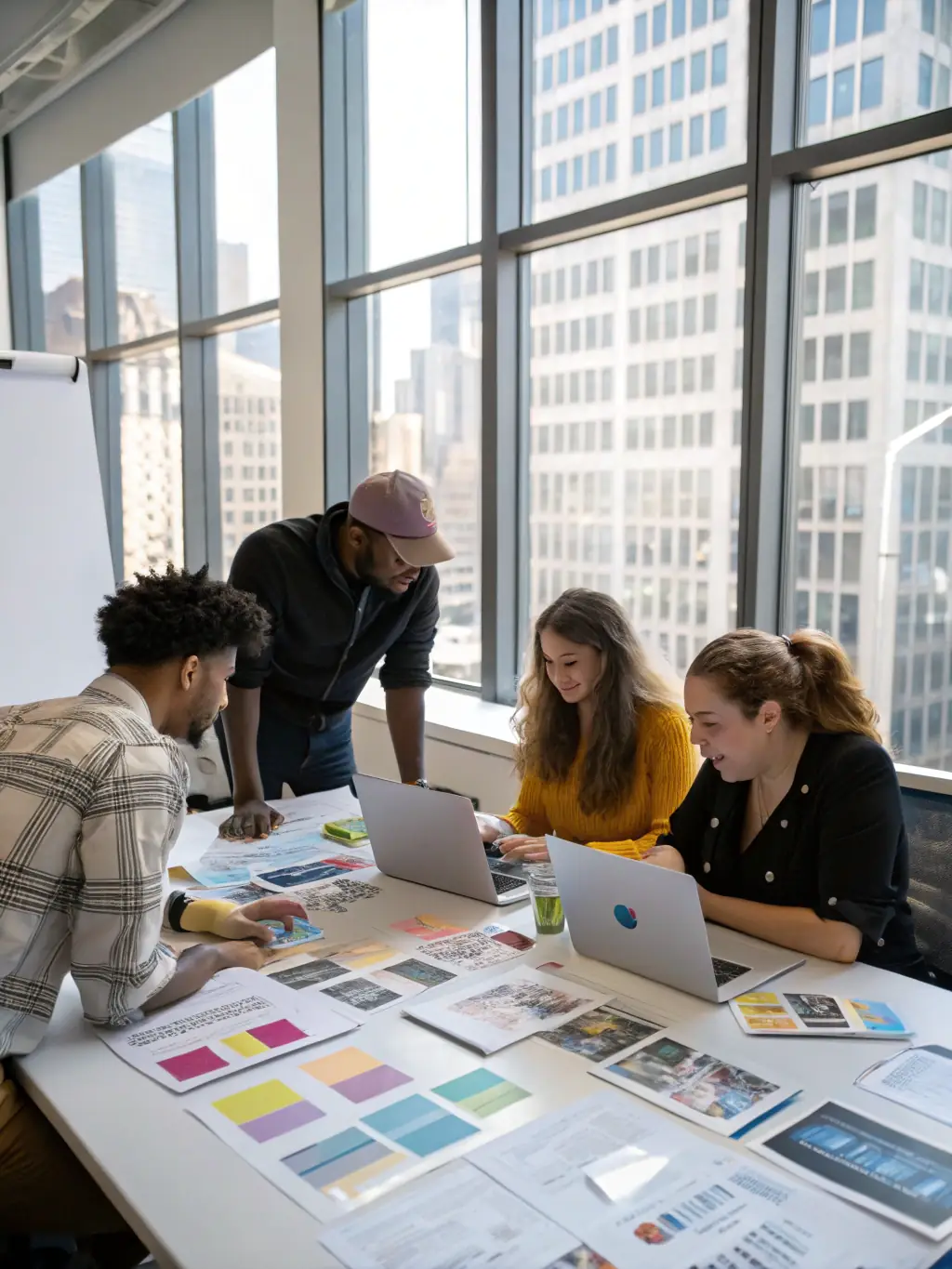 A photograph of participants in an editorial workshop, working on layout and design of a magazine, emphasizing the practical skills gained in editorial projects.