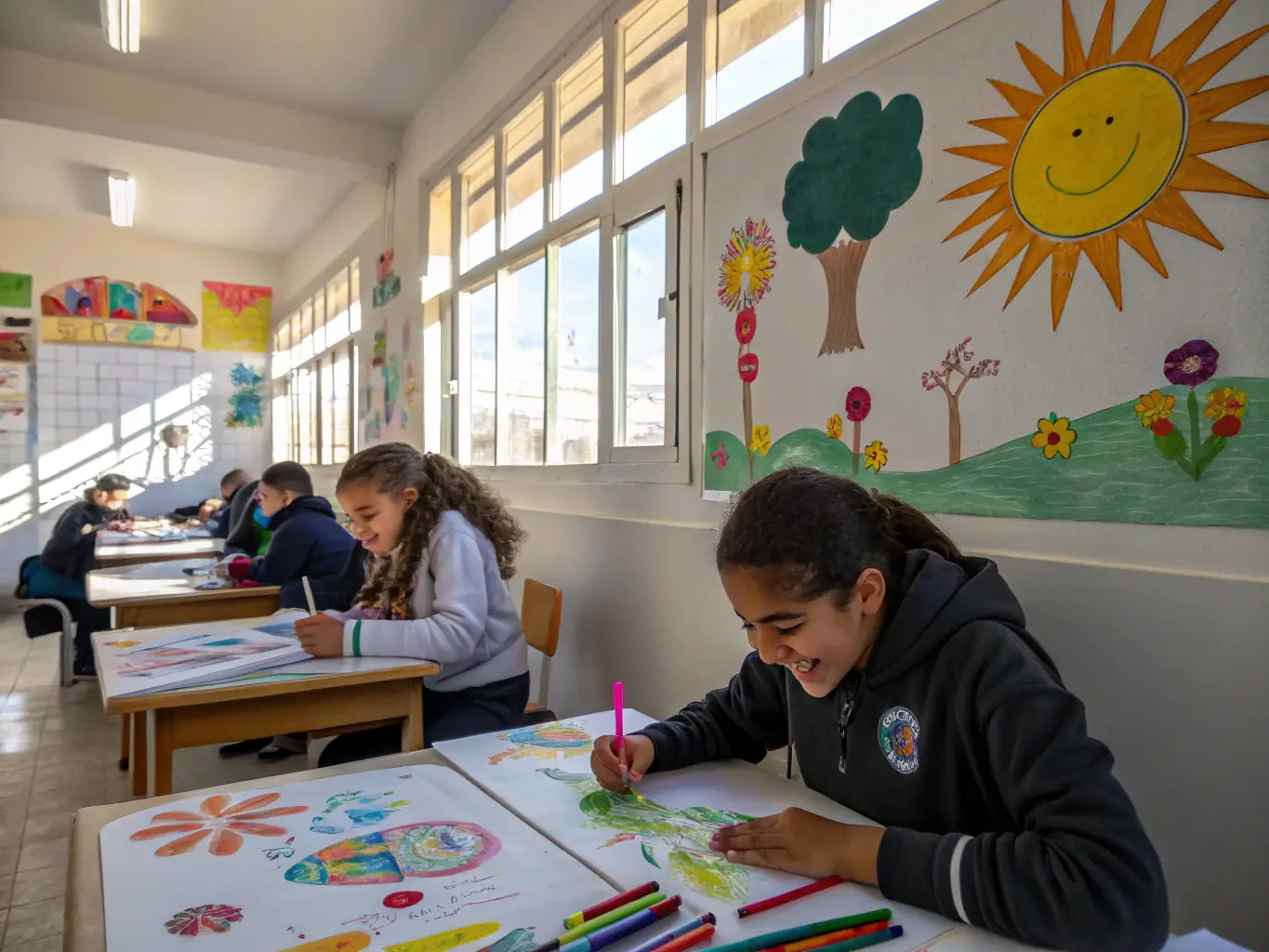 A photograph of children participating in a painting class at MATOUTOU, with colorful artworks displayed in the background. The atmosphere is cheerful and encouraging, with an instructor providing guidance.