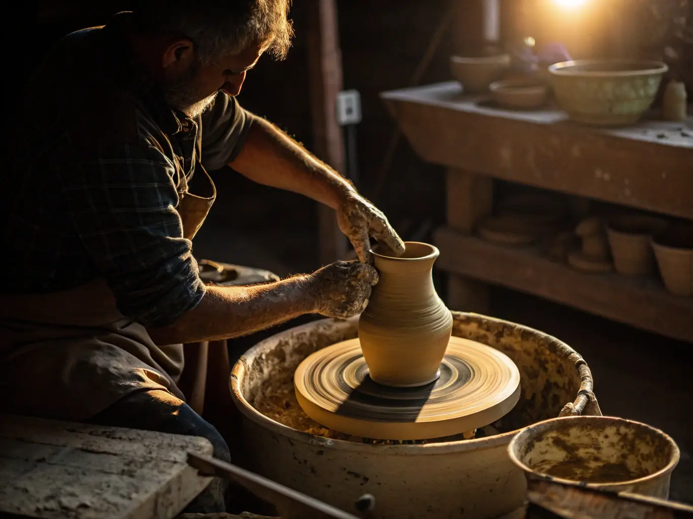 A photograph of participants engaged in a pottery workshop at MATOUTOU, with hands covered in clay and focused expressions. The setting is a bright and airy studio filled with various pottery tools and equipment.