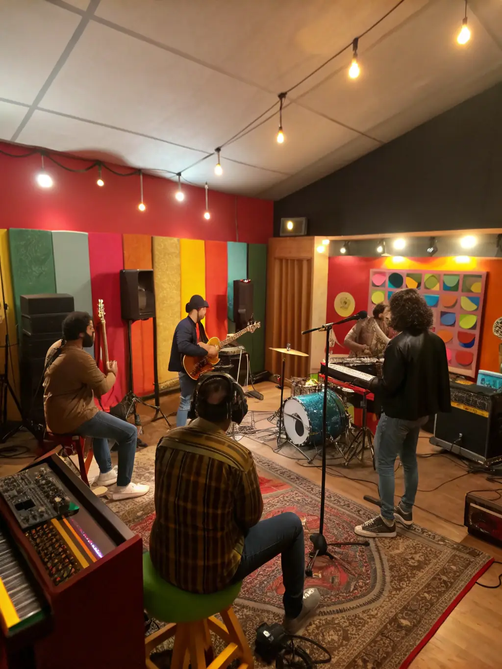 A diverse group of musicians collaborating during a music production session, highlighting MATOUTOU's support for emerging artists in the music field.